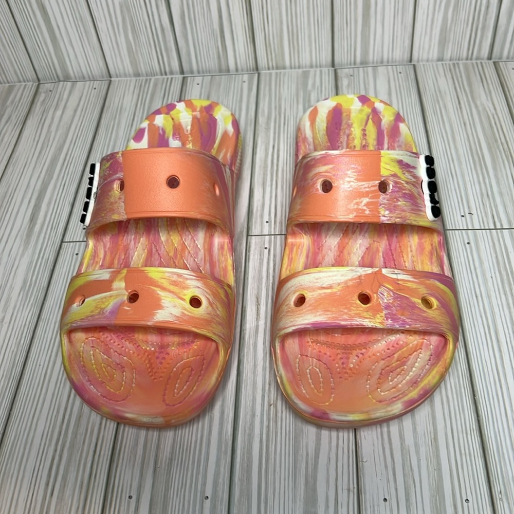 Crocs Women’s Classic Marbled Slides Orange Pink Yellow Sandals Size W 10 M 8 - Picture 2 of 9